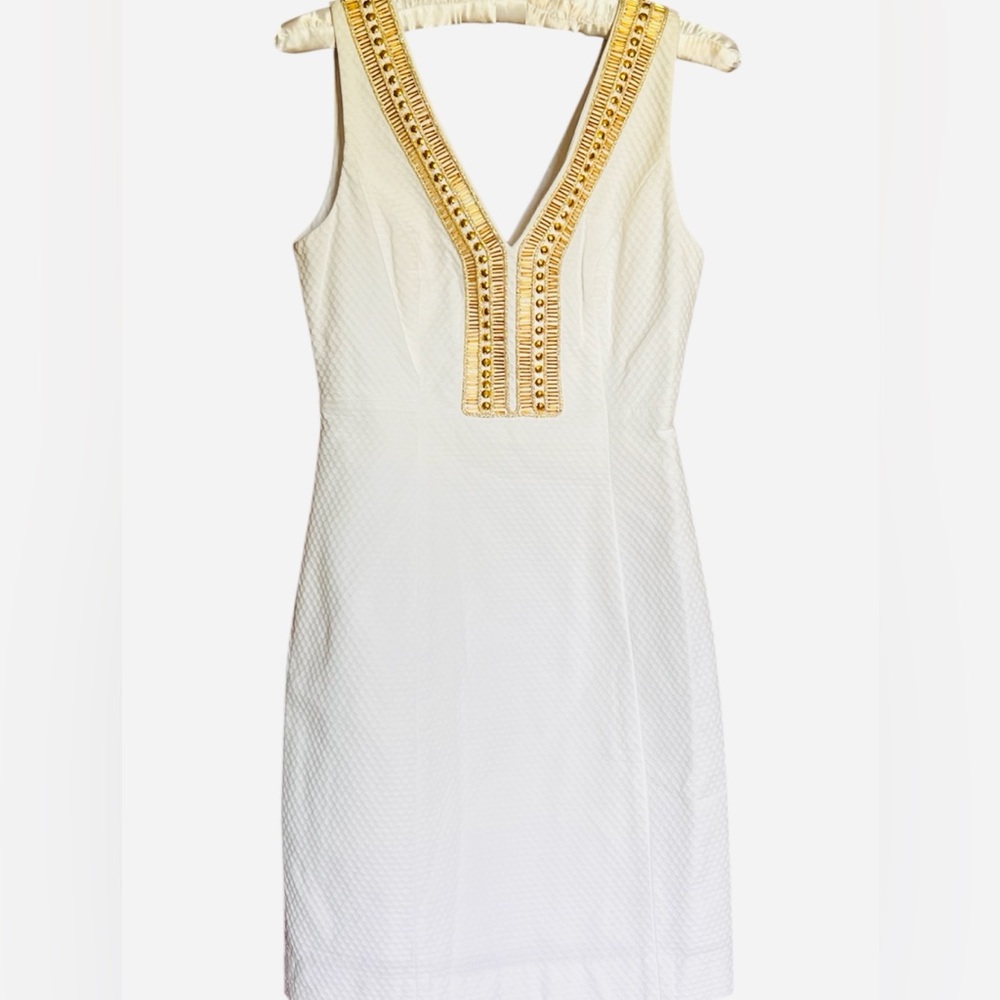 LILLY PULITZER RESORT ELIOT SHIFT DRESS WHITE GOLD EMBELLISHED SIZE 00